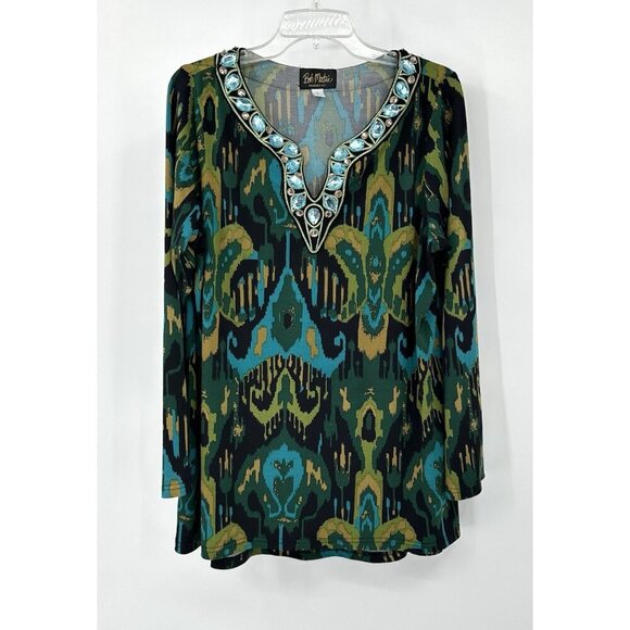 BOB MACKIE shirt top tunic blouse knit jeweled neckline geometric green L - Picture 1 of 7